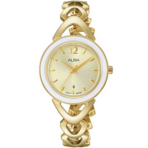 Ah7k98x1 alba watch women gold dial stainless steel metal golden strap quartz movt japan analog three hand fashion