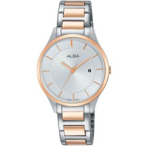 Ah7l10x1 alba watch women silver white dial stainless steel metal rose gold two tone strap quartz movt japan analog three hand fashion
