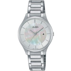 Ah7l17x1 alba watch women silver mother of pearl dial stainless steel metal strap quartz movt japan analog three hand fashion
