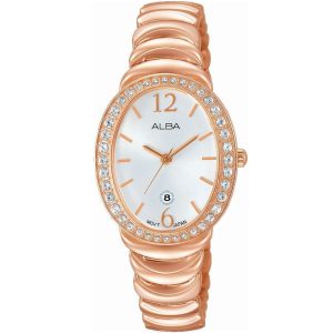 Ah7l40x1 alba watch women silver white dial stainless steel metal rose gold strap quartz movt japan analog diamond three hand fashion