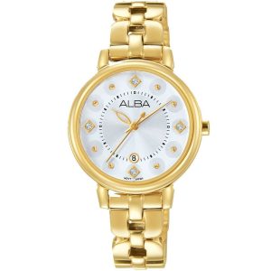 Ah7l54x1 alba watch women silver white dial stainless steel metal gold strap quartz movt japan analog three hand fashion