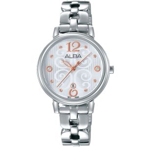 Ah7l61x1 alba watch women silver patterned dial stainless steel metal strap quartz movt japan analog three hand fashion