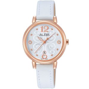 Ah7l62x1 alba watch women silver patterned dial leather strap quartz movt japan analog three hand fashion