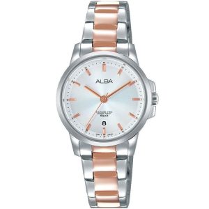 Ah7m04x1 alba watch women silver white dial stainless steel water resist 5bar metal rose gold two tone strap quartz movt japan analog three hand fashion