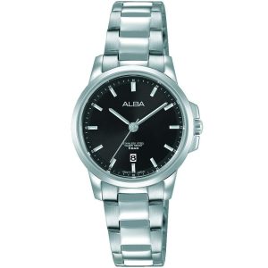 Ah7m09x1 alba watch women black dial stainless steel water resist 5bar metal silver strap quartz movt japan analog three hand fashion
