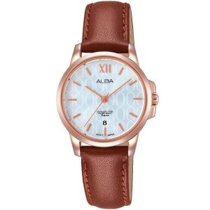 Ah7m12x1 alba watch women silver patterned dial leather brown strap quartz movt japan analog stainless steel water resist 5bar three hand fashion