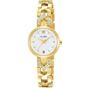 Ah7m42x1 alba watch women silver patterned dial stainless steel metal gold strap quartz movt japan analog diamond three hand fashion