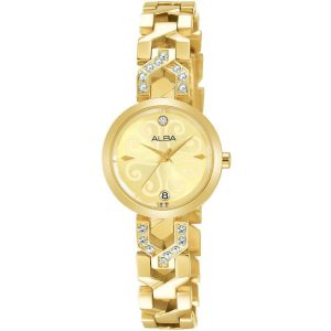Ah7m44x1 alba watch women gold patterned dial stainless steel metal golden strap quartz movt japan analog diamond three hand fashion