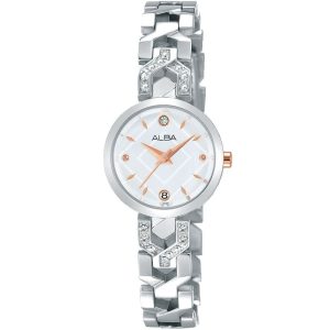 Ah7m45x1 alba watch women silver patterned dial stainless steel metal strap quartz movt japan analog diamond three hand fashion