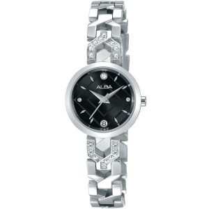 Ah7m47x1 alba watch women black patterned dial stainless steel metal silver strap quartz movt japan analog diamond three hand fashion