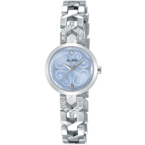 Ah7m49x1 alba watch women blue patterned dial stainless steel metal silver strap quartz movt japan analog diamond three hand fashion