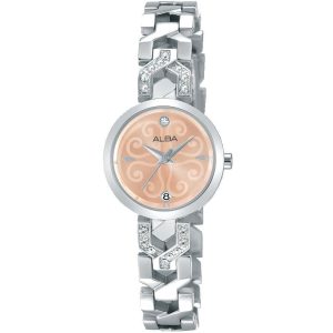 Ah7m51x1 alba watch women rose gold patterned dial stainless steel metal silver strap quartz movt japan analog diamond three hand fashion
