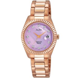 Ah7m52x1 alba watch women mother of pearl purple dial stainless steel water resist 5bar metal rose gold strap quartz movt japan analog three hand fashion
