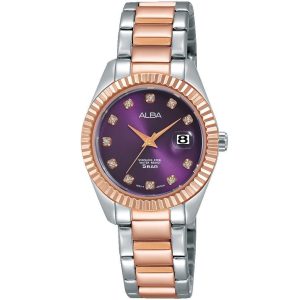 Ah7m56x1 alba watch women purple dial stainless steel water resist 5bar metal silver rose gold two tone strap quartz movt japan analog three hand fashion