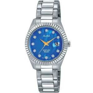 Ah7m59x1 alba watch women mother of pearl blue dial stainless steel water resist 5bar metal silver strap quartz movt japan analog three hand fashion
