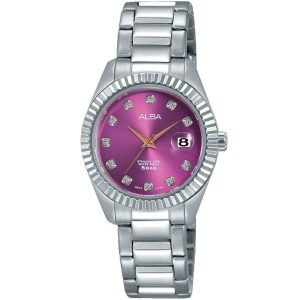 Ah7m61x1 alba watch women purple dial stainless steel water resist 5bar metal silver strap quartz movt japan analog three hand fashion