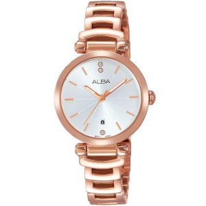 Ah7m62x1 alba watch women silver white dial stainless steel metal rose gold strap quartz movt japan analog three hand fashion