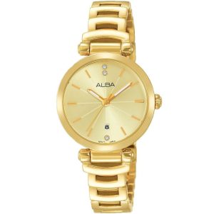 Ah7m64x1 alba watch women gold dial stainless steel metal golden strap quartz movt japan analog three hand fashion