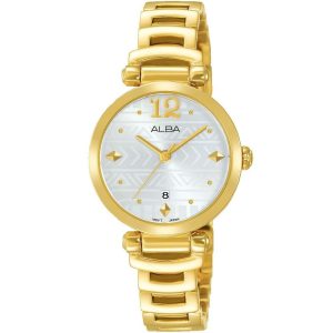 Ah7m66x1 alba watch women silver white dial stainless steel metal gold strap quartz movt japan analog three hand fashion