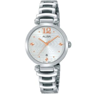 Ah7m67x1 alba watch women silver patterned dial stainless steel metal strap quartz movt japan analog three hand fashion