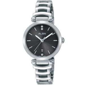 Ah7m69x1 alba watch women black patterned dial stainless steel metal silver strap quartz movt japan analog three hand fashion