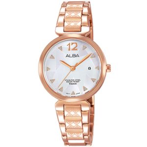Ah7n26x1 alba watch women silver patterned dial stainless steel water resist 5bar metal rose gold strap quartz movt japan analog three hand fashion