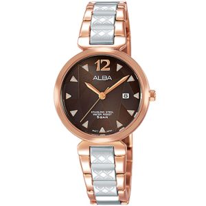 Ah7n28x1 alba watch women brown patterned dial stainless steel water resist 5bar metal silver rose gold two tone strap quartz movt japan analog three hand fashion