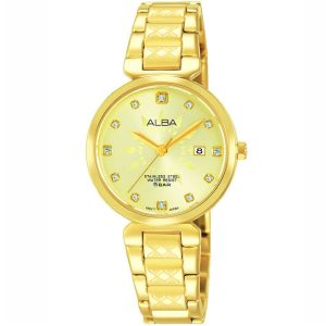 Ah7n30x1 alba watch women gold dial stainless steel water resist 5bar metal golden strap quartz movt japan analog three hand fashion