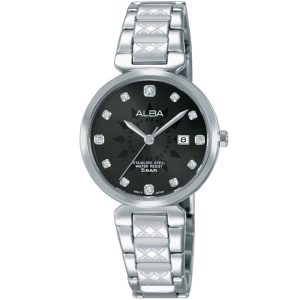 Ah7n33x1 alba watch women black patterned dial stainless steel water resist 5bar metal silver strap quartz movt japan analog three hand fashion