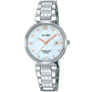 Ah7n35x1 alba watch women white mother of pearl dial stainless steel water resist 5bar metal silver strap quartz movt japan analog three hand fashion
