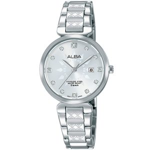Ah7n37x1 alba watch women silver patterned dial stainless steel water resist 5bar metal strap quartz movt japan analog three hand fashion