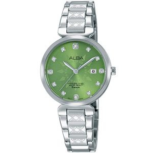 Ah7n39x1 alba watch women green patterned dial stainless steel water resist 5bar metal silver strap quartz movt japan analog three hand fashion