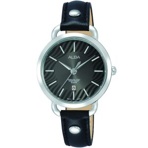 Ah7n57x1 alba watch women black patterned dial leather strap quartz movt japan analog stainless steel water resist 5bar three hand fashion