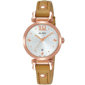 Ah7n60x1 alba watch women silver patterned dial leather beige strap quartz movt japan analog three hand fashion