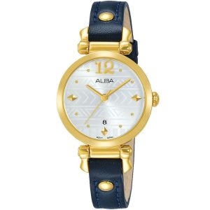 Ah7n62x1 alba watch women silver patterned dial leather blue strap quartz movt japan analog three hand fashion