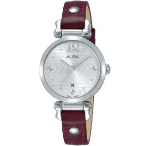 Ah7n63x1 alba watch women silver patterned dial leather burgundy strap quartz movt japan analog three hand fashion