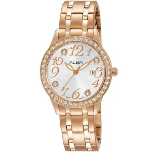 Ah7p24x1 alba watch women silver white dial stainless steel metal rose gold strap quartz movt japan analog diamond three hand fashion