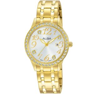 Ah7p26x1 alba watch women silver white dial stainless steel metal gold strap quartz movt japan analog diamond three hand fashion