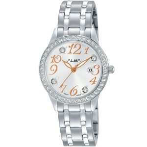 Ah7p27x1 alba watch women white dial stainless steel metal silver strap quartz movt japan analog diamond three hand fashion