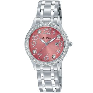 Ah7p29x1 alba watch women pink dial stainless steel metal silver strap quartz movt japan analog diamond three hand fashion