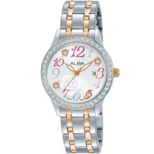 Ah7p31x1 alba watch women white dial stainless steel metal silver rose gold two tone strap quartz movt japan analog diamond three hand fashion