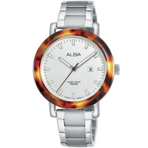 Ah7p37x1 alba watch women silver white dial tortoise bezel stainless steel water resist 5bar metal strap quartz movt japan analog three hand fashion