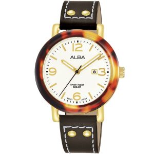 Ah7p38x1 alba watch women white dial tortoise bezel leather brown strap quartz movt japan analog stainless steel water resist 5bar three hand fashion