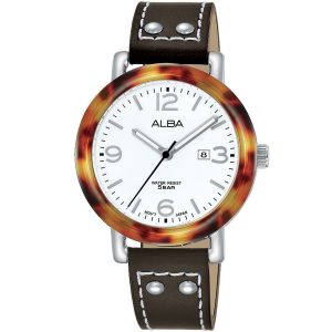 Ah7p41x1 alba watch women white dial tortoise bezel leather brown strap quartz movt japan analog stainless steel water resist 5bar three hand fashion