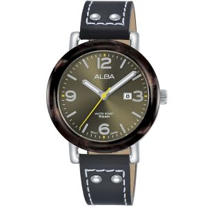Ah7p43x1 alba watch women oily khaki dial leather black strap quartz movt japan analog stainless steel water resist 5bar three hand fashion