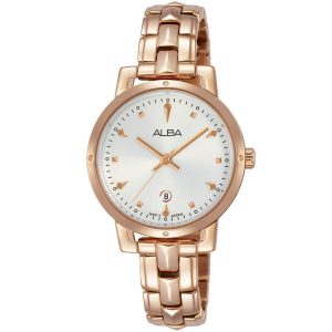 Ah7p44x1 alba watch women white dial stainless steel metal rose gold strap quartz movt japan analog three hand fashion
