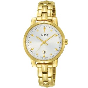 Ah7p48x1 alba watch women white dial stainless steel metal gold strap quartz movt japan analog three hand fashion