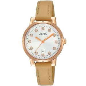 Ah7p56x1 alba watch women white dial leather beige strap quartz movt japan analog diamond three hand fashion