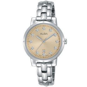 Ah7p57x1 alba watch women rose gold dial stainless steel metal silver strap quartz movt japan analog diamond three hand fashion