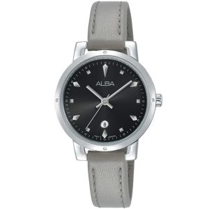 Ah7p59x1 alba watch women black dial leather gray strap quartz movt japan analog three hand fashion